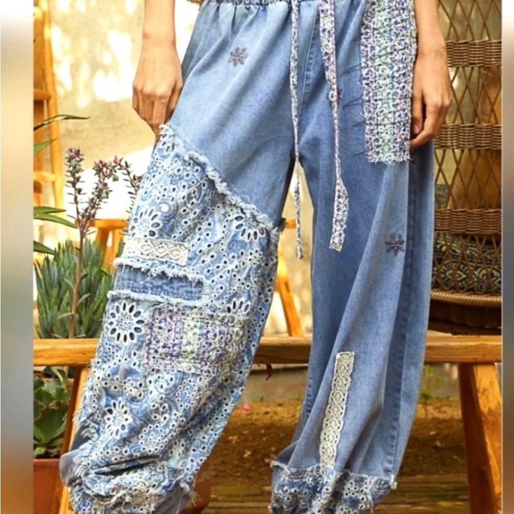 POL Floral Patchwork Denim Pants